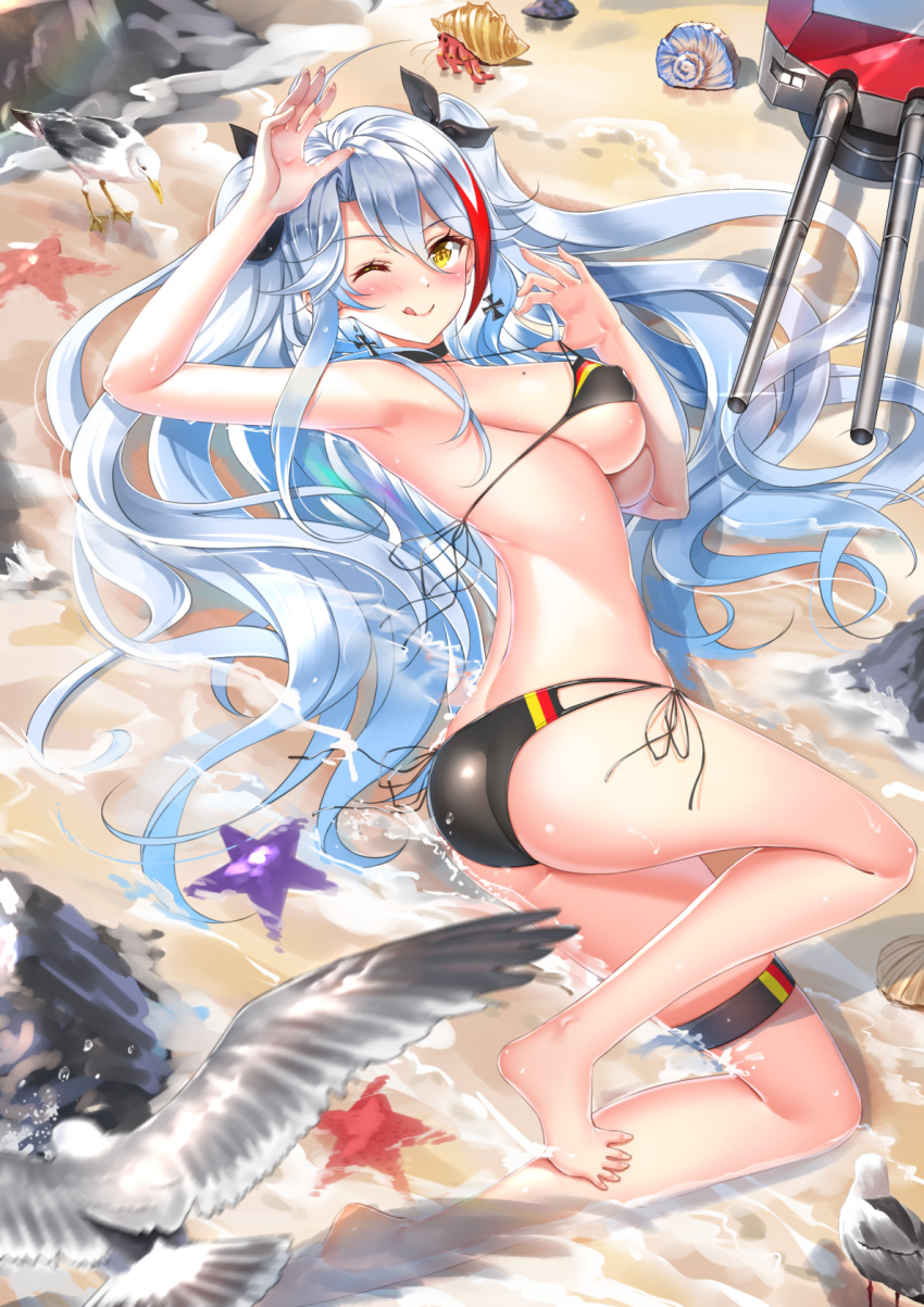;q animal arm_up armpits ass azur_lane bangs bare_arms bare_shoulders barefoot beach bikini bird black_bikini black_ribbon blush breasts brown_eyes cannon closed_mouth commentary_request covered_nipples day earrings eyebrows_visible_through_hair fingernails from_above hair_between_eyes hair_ribbon highres iron_cross jewelry large_breasts long_hair looking_at_viewer looking_up lying mole mole_on_breast multicolored_hair on_side one_eye_closed outdoors prinz_eugen_(azur_lane) pulled_by_self red_hair ribbon sand seagull seashell shallow_water shell side-tie_bikini sidelocks silver_hair smile solo starfish strap_pull streaked_hair swimsuit swordsouls toenails tongue tongue_out two_side_up very_long_hair water