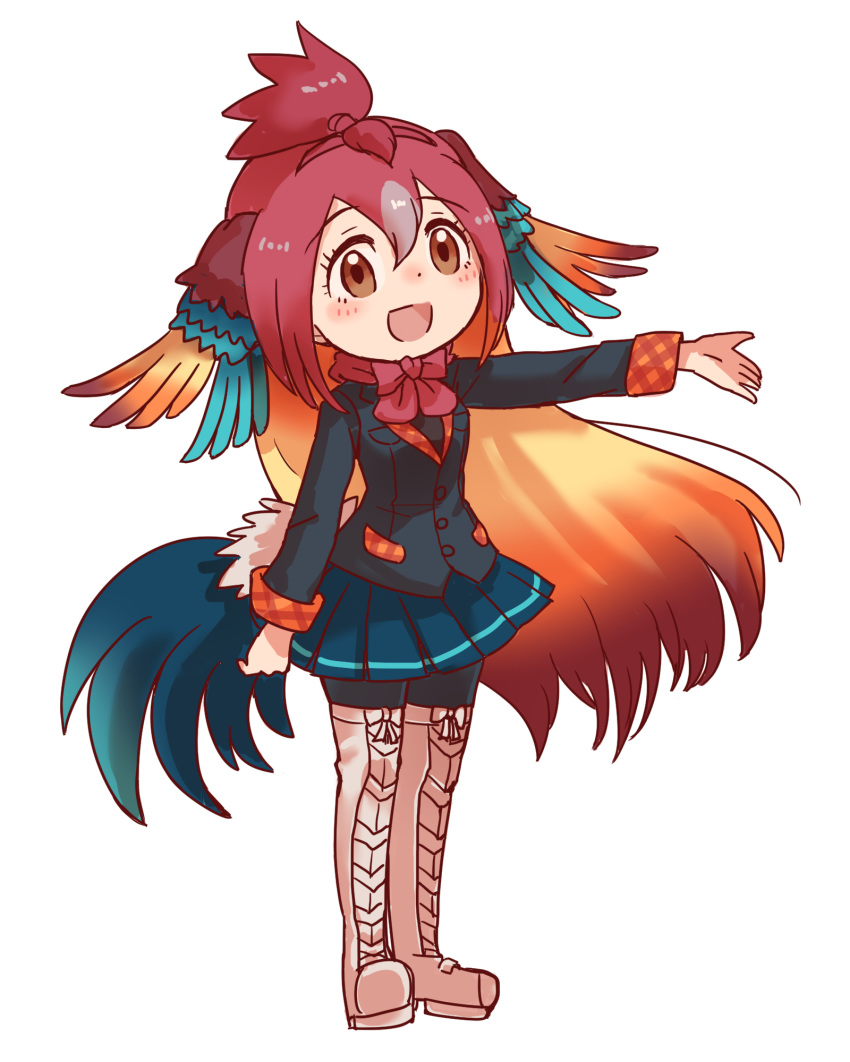 :d bird_tail bird_wings blue_hair blush boot_bow boots bow bowtie coat commentary_request eyebrows_visible_through_hair friends-mind green_hair head_wings highres kemono_friends long_hair long_sleeves multicolored_hair open_mouth orange_hair outstretched_arm pantyhose plaid_trim pleated_skirt red_hair red_junglefowl_(kemono_friends) skirt smile solo thigh_boots thighhighs wings