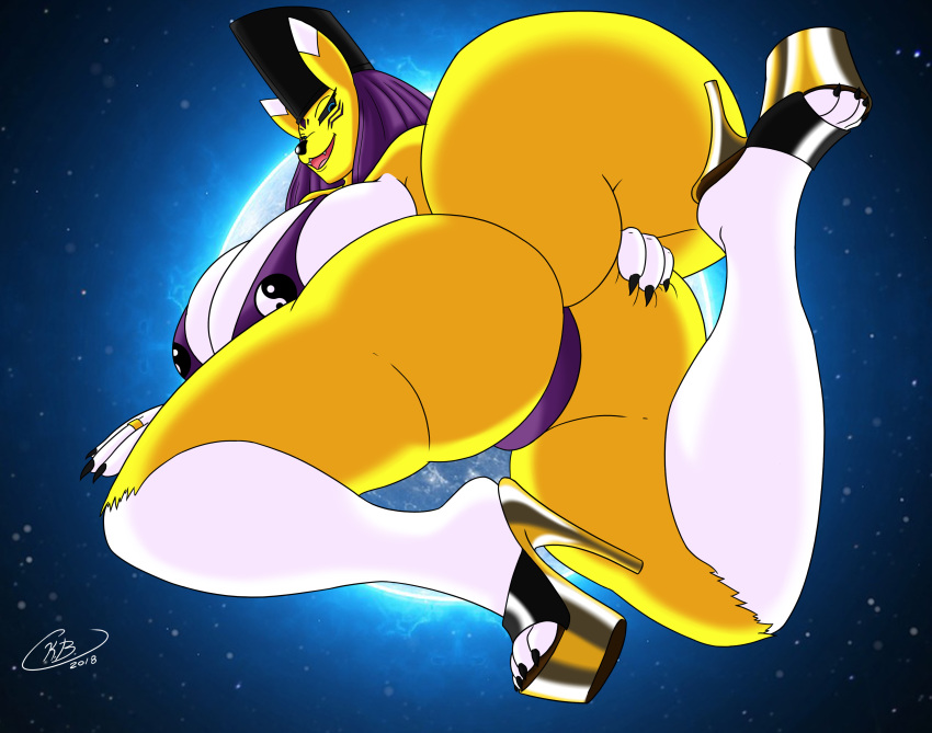 2018 absurd_res bikini breasts butt canine clothed clothing digimon digital_media_(artwork) female footwear fox fur hi_res high_heels krocialblack looking_at_viewer mammal moon rear_view shoes smile swimsuit taomon yellow_fur