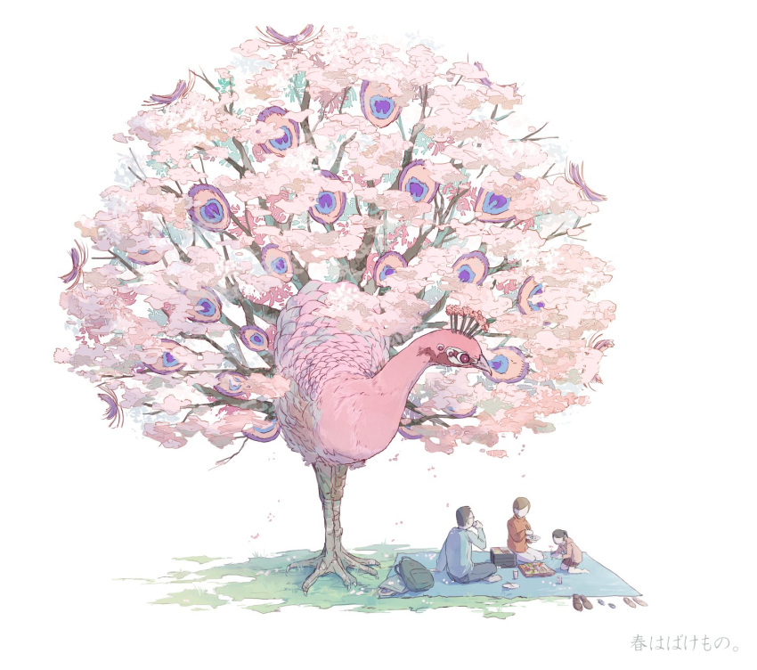 2girls bird blanket cup eating family grass hanami highres kamura_gimi multiple_girls original outdoors peacock picnic plate shade shoes shoes_removed simple_background sitting spring_(season) topiary translated tree white_background