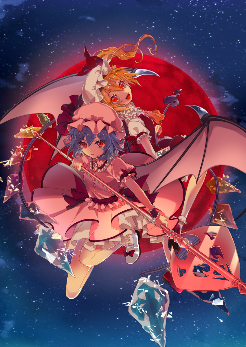 2girls ascot bat_wings blonde_hair blue_hair bow cloud commentary_request crystal fingernails flandre_scarlet flying full_moon hair_between_eyes hat hat_ribbon head_tilt highres holding holding_weapon ibashi_roni laevatein long_hair mob_cap moon multiple_girls nail_polish night night_sky open_mouth outdoors pink_hat pink_shirt pink_skirt pink_wings puffy_short_sleeves puffy_sleeves red_bow red_eyes red_moon red_nails red_ribbon red_sash red_skirt red_vest remilia_scarlet ribbon sash sharp_fingernails shirt shoe_bow shoes short_hair short_sleeves siblings side_ponytail sisters skirt skirt_set sky slit_pupils smile spear_the_gungnir star_(sky) starry_sky touhou vest weapon white_footwear white_hat wings yellow_neckwear