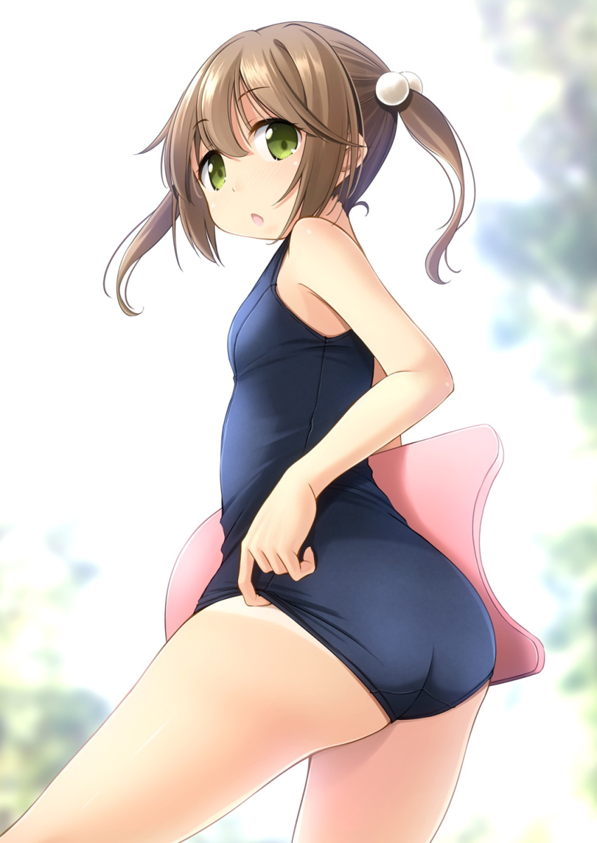 ass blue_swimsuit brown_hair chestnut_mouth cowboy_shot from_behind green_eyes highres kickboard looking_at_viewer looking_back old_school_swimsuit one-piece_swimsuit original school_swimsuit shibacha short_hair solo swimsuit twintails