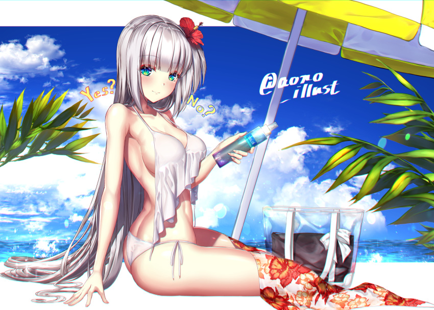 alternate_costume aono_meri arm_support armpits ass azur_lane bag bangs beach beach_umbrella bikini blue_eyes blue_sky blush bottle breasts cloud collarbone commentary_request day eyebrows_visible_through_hair floral_print flower hair_flower hair_ornament highres holding holding_bottle large_breasts long_hair looking_at_viewer lotion mole mole_under_eye no ocean outdoors palm_leaf palm_tree sand sarong shoukaku_(azur_lane) side-tie_bikini sideboob silver_hair sitting sky smile solo sparkle sunscreen swimsuit thighs tree twitter_username umbrella untied untied_bikini white_bikini yes