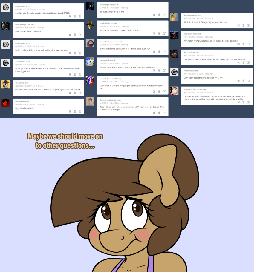 anthro blush brown_eyes brown_hair dialogue english_text equine eyebrows eyelashes fan_character female georgia_lockheart hair hi_res mammal my_little_pony solo stunnerpony text tumblr