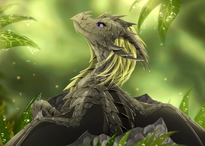 2018 blonde_hair digital_media_(artwork) dragon feral hair membranous_wings pink_eyes scales scalie smile solo telleryspyro western_dragon wings