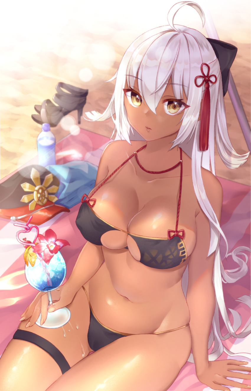 ahoge arm_support bare_shoulders beach bikini black_bikini bottle bow breasts brown_eyes center_opening cleavage cocktail collarbone commentary_request covered_nipples crazy_straw dark_skin drink drinking_straw dripping eyebrows_visible_through_hair fate/grand_order fate_(series) fingernails hair_between_eyes hair_bow hair_ornament hat heart_straw highres large_breasts leg_ribbon lips long_hair looking_at_viewer navel nekomiya_noru_(yuduki710) okita_souji_(alter)_(fate) okita_souji_(fate)_(all) ribbon sand shiny shiny_skin skindentation solo strap_gap swimsuit tassel thigh_gap very_long_hair white_hair