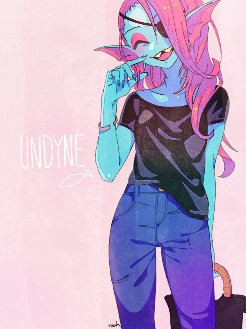 blue_skin blush closed_eyes denim eyepatch hair_over_one_eye head_fins highres jeans long_hair looking_at_viewer monster_girl noaharbre pants red_hair sharp_teeth simple_background smile solo teeth undertale undyne