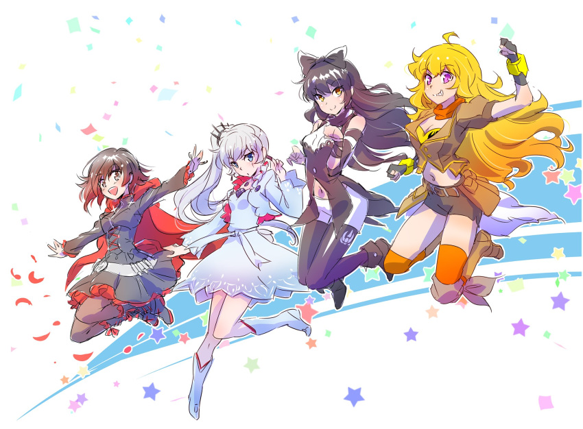 ahoge black_hair black_legwear black_scarf blake_belladonna blonde_hair blue_eyes bow breasts brown_jacket cape cloak coattails commentary detached_sleeves english_commentary gradient_hair hair_bow highres hood hooded_cloak iesupa jacket kirara_jump large_breasts legwear_under_shorts long_hair midriff multicolored_hair multiple_girls orange_scarf ponytail purple_eyes red_cape red_hair ribbon ruby_rose rwby scar scar_across_eye scarf short_hair shorts side_ponytail silver_eyes two-tone_hair very_long_hair wavy_hair weiss_schnee white_hair yang_xiao_long yellow_eyes