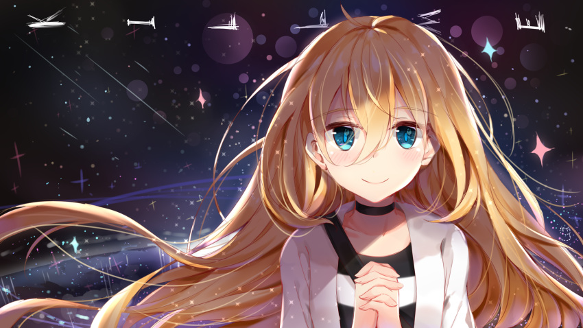 bangs black_choker blue_eyes blush choker closed_mouth collarbone commentary english eyebrows_visible_through_hair hair_between_eyes hands_clasped hands_up highres jacket long_hair looking_at_viewer nahaki open_clothes open_jacket own_hands_together rachel_gardner satsuriku_no_tenshi shirt smile solo sparkle striped striped_shirt white_jacket