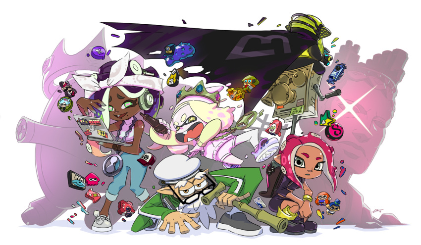 4girls alpha_gamboa bandana beard beret boots cloak commander_atarime commentary computer crown dark_skin facial_hair fangs from_behind hat headphones hime_(splatoon) iida_(splatoon) inkling jersey jewelry laptop looking_at_viewer microphone midriff multiple_girls necklace octoling old_man one_knee pale_skin pointy_ears pose shorts sleeveless splatoon_(series) splatoon_2 splatoon_2:_octo_expansion squatting squidbeak_splatoon tan tentacle_hair walking_stick