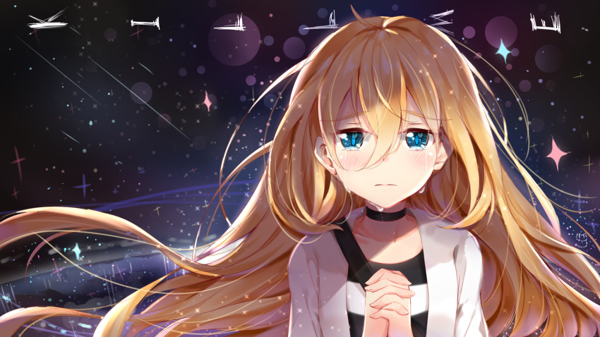 bangs black_choker blue_eyes blush choker closed_mouth collarbone crying crying_with_eyes_open english eyebrows_visible_through_hair hair_between_eyes hands_clasped hands_up highres jacket long_hair looking_at_viewer nahaki open_clothes open_jacket own_hands_together rachel_gardner satsuriku_no_tenshi shirt solo sparkle striped striped_shirt tears white_jacket