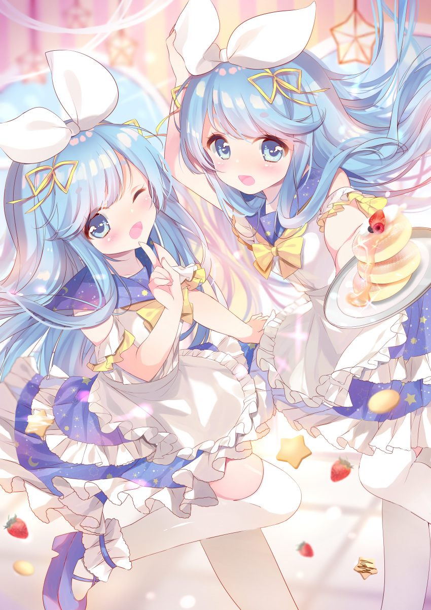 :d ;d absurdres ame_usari ankle_cuffs apron bangs blue_eyes blue_footwear blue_hair blue_sailor_collar blue_skirt blurry blurry_background blush commentary_request cookie crescent_print depth_of_field eyebrows_visible_through_hair fingernails food frilled_apron frilled_skirt frills fruit hair_ribbon highres holding holding_plate index_finger_raised layered_skirt long_hair looking_at_viewer multiple_girls near_(sound_voltex) noah_(sound_voltex) one_eye_closed open_mouth plate print_skirt ribbon sailor_collar shirt shoes siblings sisters skirt smile sound_voltex sparkle standing standing_on_one_leg star star_print strawberry thick_eyebrows thighhighs twins very_long_hair waist_apron white_apron white_legwear white_ribbon white_shirt yellow_ribbon