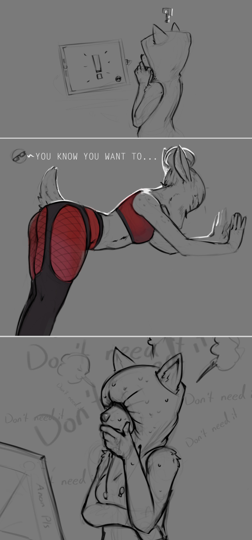 ! 2018 ? against_wall anthro bent_over bra breasts butt canine cervine clothed clothing comic computer curtain_doggo_(photonoko) digital_media_(artwork) dog english_text eyes_closed eyes_covered female fishnet fully_clothed fur furgonomics garter_belt_leggings grey_background greyscale hair hi_res hoodie legwear mammal monochrome pants photonoko raised_tail red_clothing red_pants shirt simple_background sketch solo stockings sweat tank_top text thinking underwear