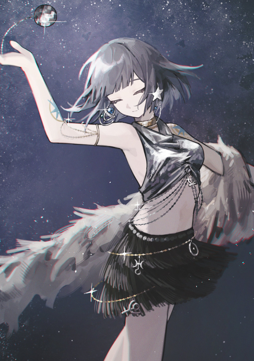 1girl absurdres arm_tattoo arm_up bare_shoulders black_skirt breasts closed_eyes closed_mouth cowboy_shot crop_top dancing disco_ball feather_boa gold_choker grey_hair grey_tank_top hair_ornament hand_up highres holding_pendulum mercuria_(reverse:1999) miniskirt nats_(d0ughnats) navel night night_sky pendulum reverse:1999 short_hair shoulder_tattoo skirt sky solo star_(sky) star_(symbol) star_hair_ornament starry_sky tank_top tattoo
