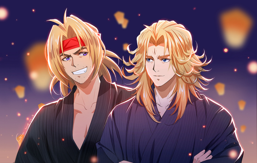 blonde_hair blue_eyes blurry blurry_background bunchuu chinese_commentary closed_mouth commentary_request crossed_arms facial_hair headband houshin_engi japanese_clothes kenin kimono kou_hiko light_smile long_hair male_focus multiple_boys purple_eyes red_headband smile stubble teeth third_eye