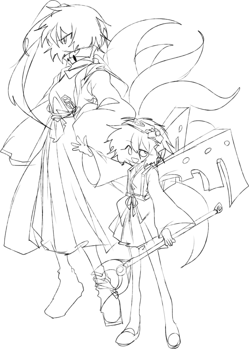 2others adagumo_no_yaorochi androgynous artificial_wings bare_legs bottle_opener chinese_commentary closed_mouth commentary_request determined full_body hair_between_eyes hakama hakama_short_skirt hakama_skirt hand_on_hilt happy helmet highres holding holding_weapon japanese_clothes jinbaori katano_sukune kimono len'en lineart ling_s long_hair long_sleeves looking_ahead multiple_others multiple_tails open_mouth other_focus outstretched_arm sandals scarf sheath sheathed short_hair short_kimono side_ponytail simple_background single_sandal skirt slippers smile snake_tail socks standing sword sword_of_kusanagi tail tasouken weapon white_background wide_sleeves