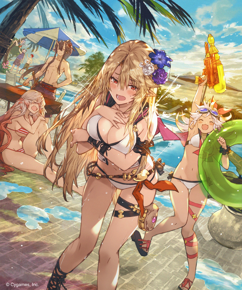 4girls :d ^_^ arm_garter arm_under_breasts arm_up beach_umbrella belt bikini blonde_hair blush breast_hold breasts closed_eyes day dutch_angle ezusuke flower goggles goggles_on_head hair_between_eyes hair_flower hair_ornament hand_on_hip highres horns innertube large_breasts light_brown_hair medium_breasts multicolored_hair multiple_boys multiple_girls navel o_o open_mouth outdoors palm_tree pink_hair pointy_ears ponytail pool poolside red_eyes sailor_collar sandals shingeki_no_bahamut sidelocks sitting smile striped striped_bikini swimsuit thigh_gap thigh_strap tree two-tone_hair umbrella water_gun wet white_bikini yawning