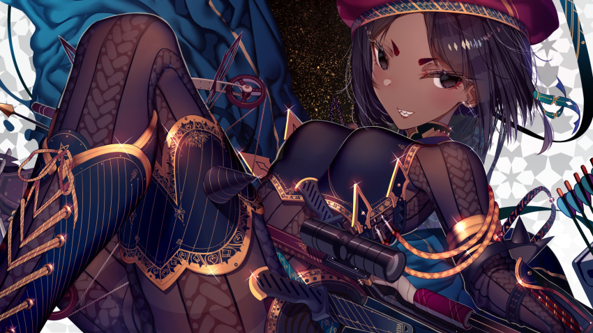 atha_(leejuiping) beret black_eyes black_hair bodystocking boobplate boots breastplate breasts chiara_rosino dark_skin grin gun hat highres red_hat senjou_no_valkyria senjou_no_valkyria_4 short_hair smile solo thighhighs weapon