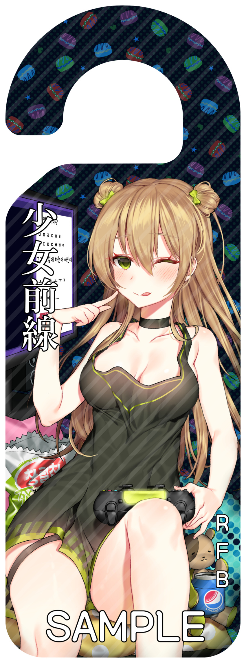 ;p absurdres bangs bare_arms bare_shoulders black_choker blush bow breasts choker cleavage closed_mouth collarbone controller dress eyebrows_visible_through_hair finger_to_cheek food game_controller girls_frontline green_bow green_dress hair_between_eyes hair_bow highres holding ia_(ias1010) korean light_brown_hair long_hair looking_at_viewer macaron medium_breasts one_eye_closed pleated_dress polka_dot polka_dot_background rfb_(girls_frontline) sample short_dress sleeveless sleeveless_dress smile solo stuffed_animal stuffed_toy teddy_bear tongue tongue_out translation_request two_side_up very_long_hair