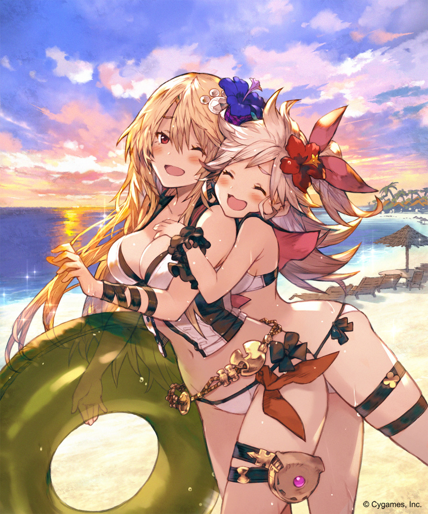 :d ;d ^_^ arm_garter beach bikini blonde_hair blush breasts cleavage closed_eyes cloud cloudy_sky commentary_request cowboy_shot dusk ezusuke flower hair_flower hair_ornament highres horizon innertube large_breasts leaning_forward long_hair medium_breasts multiple_girls navel one_eye_closed one_side_up open_mouth red_eyes sailor_collar shingeki_no_bahamut side-tie_bikini sidelocks silver_hair sky smile sunset swimsuit thigh_strap white_bikini wrist_cuffs