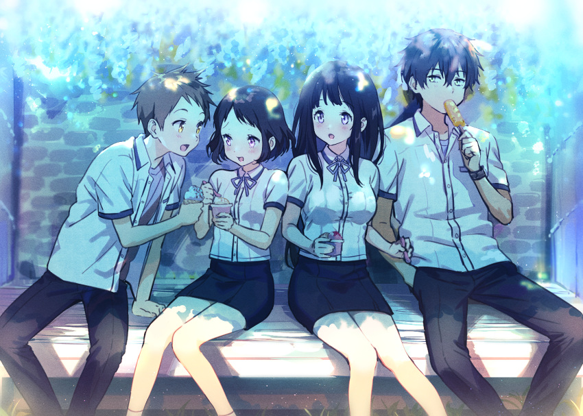 2girls :d alternate_costume bangs bench black_hair blush brown_hair chitanda_eru dress_shirt food fukube_satoshi green_eyes hair_between_eyes hyouka ibara_mayaka ice_cream long_hair mery_(apfl0515) multiple_boys multiple_girls open_mouth orange_eyes oreki_houtarou pants pencil_skirt popsicle purple_eyes ribbon shirt short_hair short_sleeves sidelocks sitting skirt smile unbuttoned unbuttoned_shirt yellow_eyes