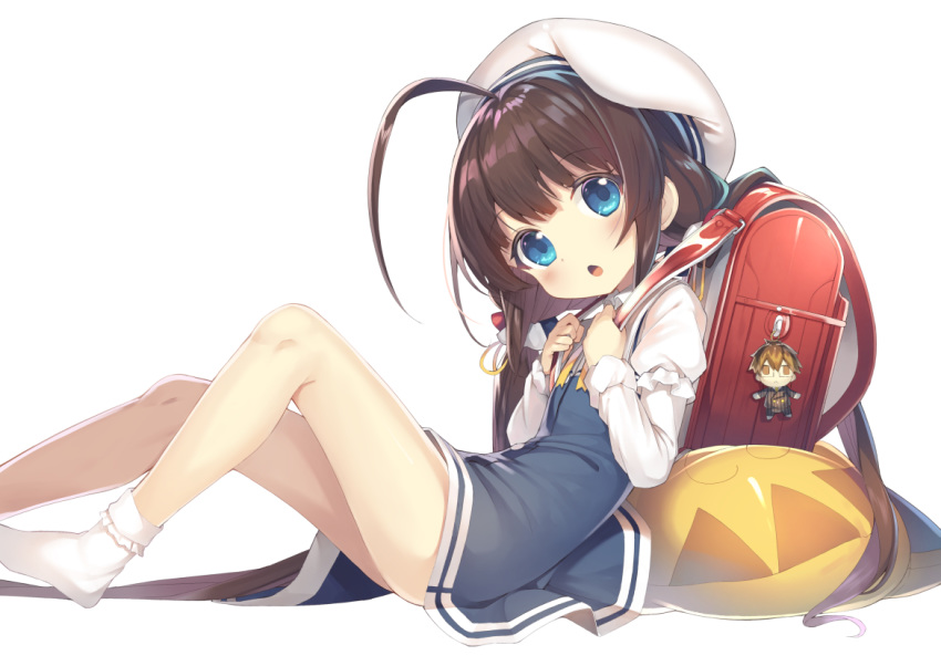 1girl ahoge backpack bag bag_charm bangs beret blue_dress blue_eyes blush bobby_socks brown_hair charm_(object) commentary_request dress eyebrows_visible_through_hair gurasion_(gurasion) hat head_tilt hinatsuru_ai holding kuzuryuu_yaichi long_hair long_sleeves low_twintails no_shoes open_mouth puffy_short_sleeves puffy_sleeves randoseru ryuuou_no_oshigoto! short_over_long_sleeves short_sleeves socks solo twintails very_long_hair white_background white_hat white_legwear