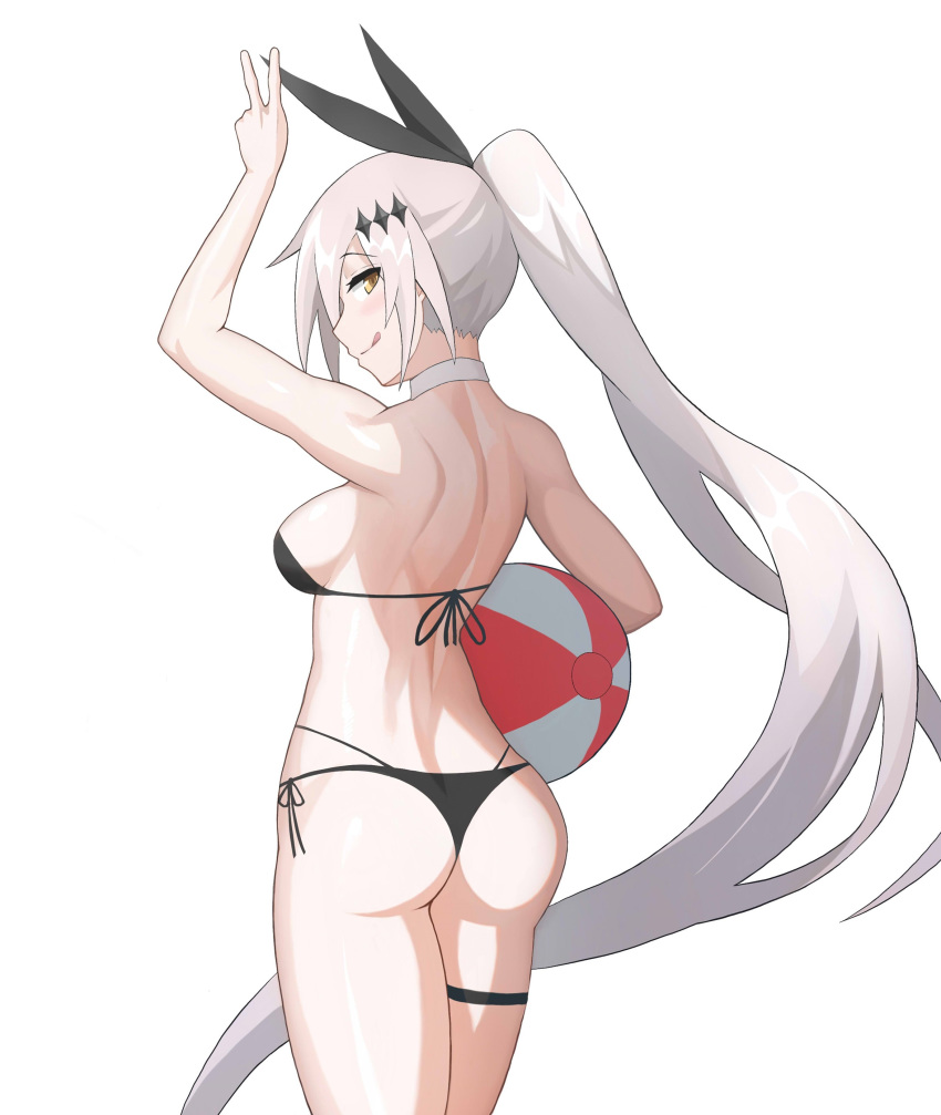 :q absurdres alternate_costume armpits arms_up ass ball bangs bare_shoulders beachball bikini blush bow breasts brown_eyes cero_(last2stage) cleavage closed_mouth collar commentary_request eyebrows_visible_through_hair five-seven_(girls_frontline) from_behind girls_frontline groin hair_between_eyes hair_ornament hair_ribbon highleg highleg_bikini highres hips holding_beachball korean_commentary large_breasts leg_ribbon long_hair looking_at_viewer ponytail ribbon shoulder_blades side-tie_bikini sidelocks silver_hair simple_background skindentation smile solo sparkle standing swimsuit toned tongue tongue_out v very_long_hair white_background