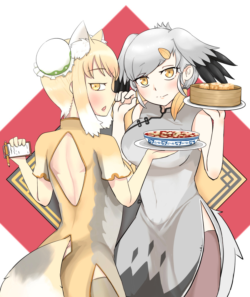 adapted_costume alternate_hairstyle animal_ears back_cutout bun_cover chestnut_mouth china_dress chinese_clothes commentary double_bun dress extra_ears food fox_ears fox_tail grey_dress grey_hair head_wings highres john_(a2556349) kemono_friends looking_at_viewer looking_back mapo_doufu multicolored multicolored_clothes multicolored_dress multiple_girls notepad pencil shoebill_(kemono_friends) short_hair short_sleeves shoulder_blades side_slit simple_background sleeveless sleeveless_dress tail thighhighs tibetan_sand_fox_(kemono_friends) yellow_eyes