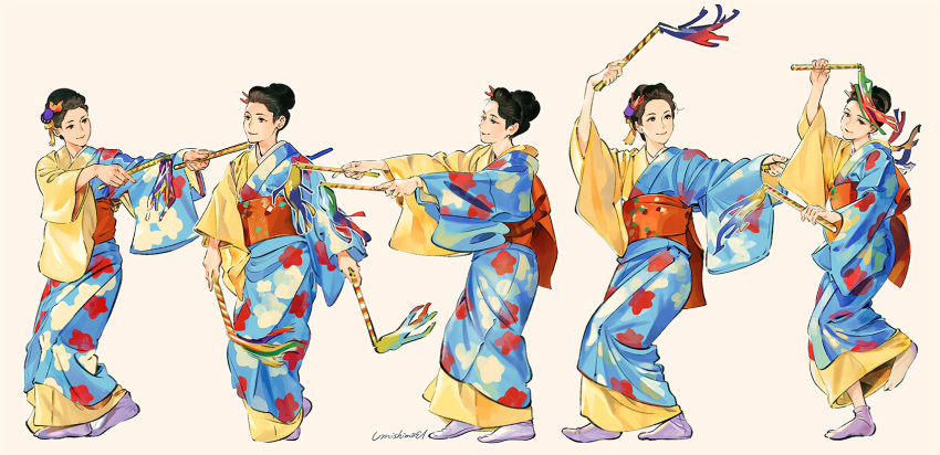 black_eyes brown_hair closed_mouth dancing eyeshadow grey_background hair_ornament highres holding japanese_clothes kimono long_sleeves looking_at_viewer makeup multicolored multicolored_clothes multicolored_kimono multiple_views obi original sash signature simple_background smile standing standing_on_one_leg tabi umishima_senbon white_legwear wide_sleeves