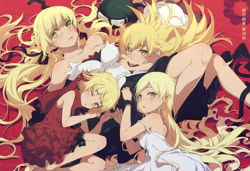 :o bakemonogatari bangs bare_shoulders black_skirt blonde_hair blush dress eyebrows_visible_through_hair frown goggles goggles_on_headwear hair_ribbon headwear_removed helmet kiss-shot_acerola-orion_heart-under-blade kizumonogatari long_hair looking_at_viewer lying monogatari_(series) multiple_girls multiple_persona ogipote on_back one_eye_closed oshino_shinobu pointy_ears red_background red_dress ribbon short_hair skirt strap_slip swept_bangs untied vampire very_long_hair white_dress yellow_eyes