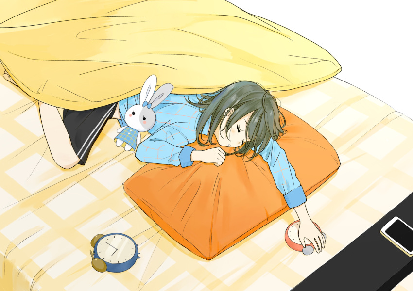 absurdres alarm_clock bed black_shorts blue_bow blue_shirt blush_stickers bow cellphone clock closed_eyes grey_hair highres long_sleeves lying messy_hair on_stomach original pajamas parted_lips phone pillow sako_(user_ndpz5754) shirt short_hair shorts sleeping smartphone solid_circle_eyes solo stuffed_animal stuffed_bunny stuffed_toy under_covers