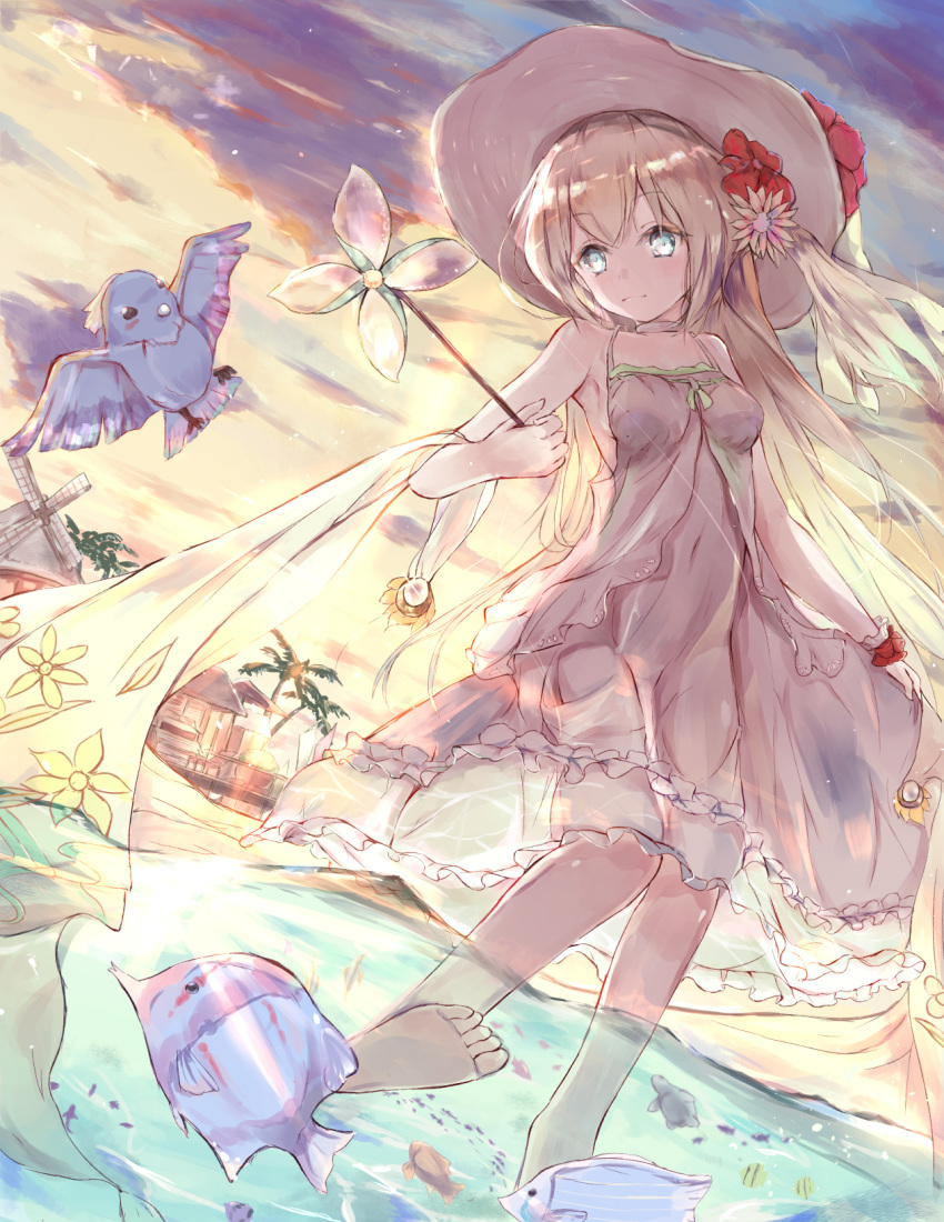 animal azur_lane bangs bare_shoulders barefoot blue_eyes blush breasts closed_mouth cloud cloudy_sky commentary dress dutch_angle eyebrows_visible_through_hair fish fish_request flower hair_between_eyes hair_flower hair_ornament hanagin hat hat_flower highres holding house light_brown_hair long_hair outdoors partially_underwater_shot pinwheel red_flower sky sleeveless sleeveless_dress small_breasts smile soles solo standing standing_on_one_leg sun_hat sunset tanikaze_(azur_lane) very_long_hair wading water white_dress white_hat windmill wrist_cuffs yellow_flower