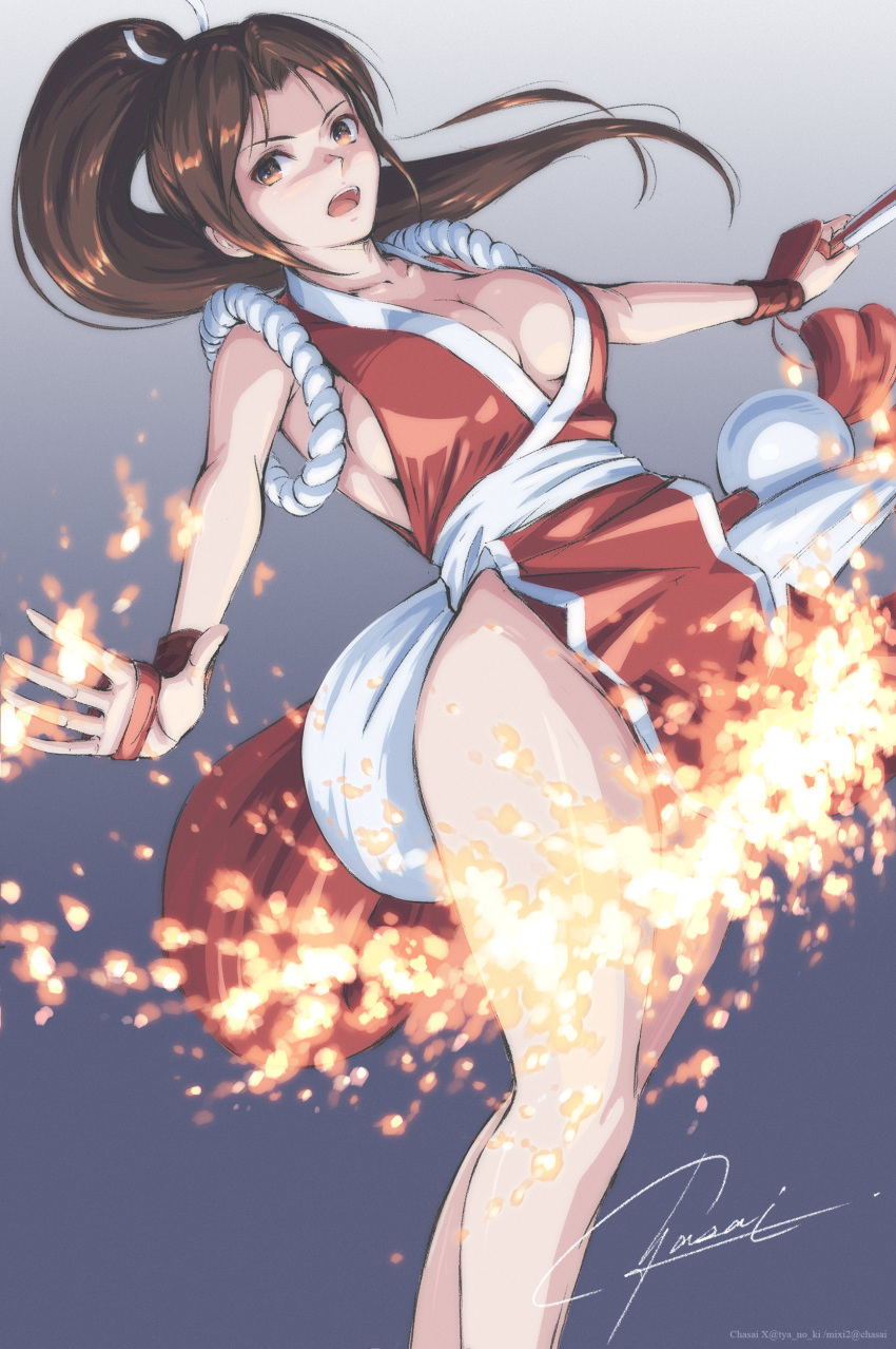 1girl absurdres artist_name bare_shoulders breasts brown_hair cleavage collarbone commentary_request fatal_fury fire gradient_background grey_background hand_fan high_ponytail highres holding holding_fan japanese_clothes medium_breasts ninja open_mouth orange_eyes parted_bangs pelvic_curtain revealing_clothes revision shiranui_mai signature sleeveless snk solo the_king_of_fighters thighs twitter_username tyanoki