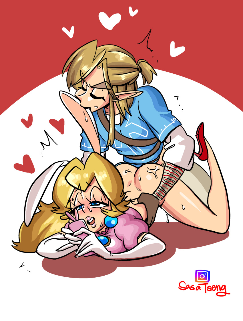 &lt;3 absurd_res ambiguous_penetration animal_humanoid armwear big_ears blonde_hair blue_eyes bottomless breath_of_the_wild butt cellphone clothed clothing dcon duo elf eyelashes female footwear fur gloves hair half-closed_eyes hi_res high_heels humanoid hylian lagomorph light_skin link lipstick long_ears long_hair makeup male male/female male_penetrating mammal mario_bros motion_lines multitasking nintendo open_mouth open_smile pale_skin penetration phone pink_clothing pink_lipstick princess_peach rabbit_humanoid royalty sex shoes smile sweat the_legend_of_zelda video_games white_fur