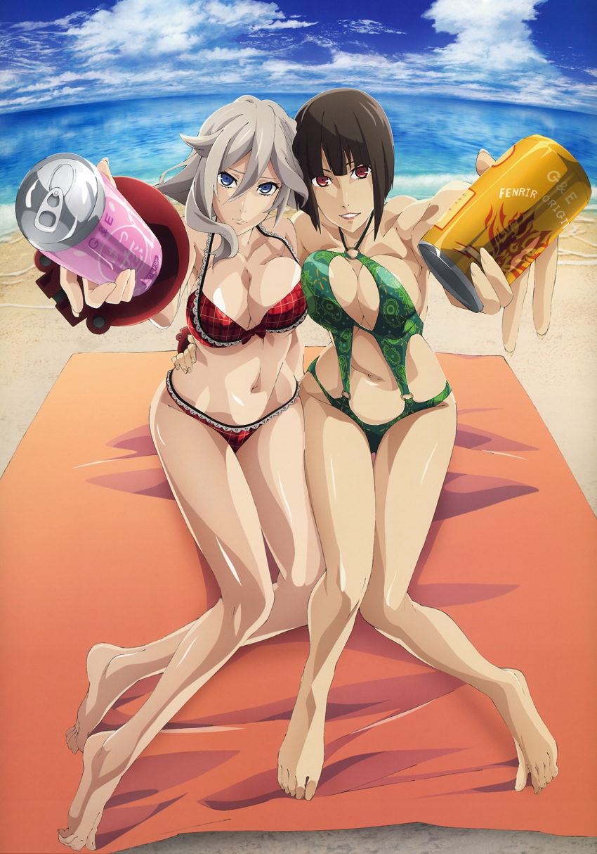 2girls alisa_ilinichina_amiella barefoot beach bikini blue_eyes breasts brown_hair can cleavage cloud clouds cloudy_sky feet god_eater large_breasts long_hair looking_at_viewer multiple_girls navel offering_drink official_art red_eyes sand short_hair sideboob sky smile soda_can swimsuit tachibana_sakuya_(god_eater) toes towel water white_hair