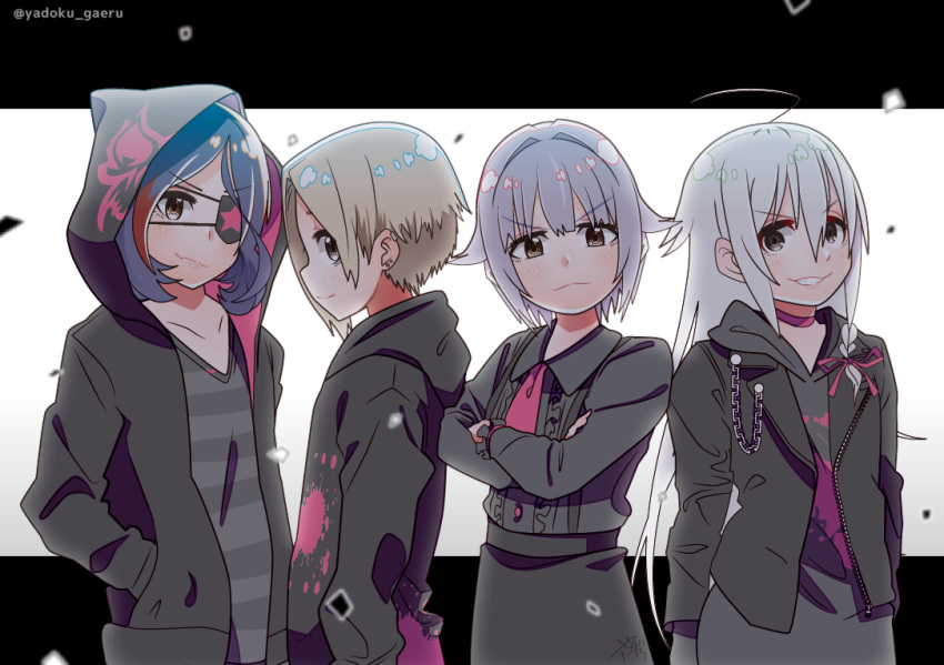 ahoge black_hair blonde_hair blood blood_stain choker commentary crossed_arms ear_piercing eyebrows_visible_through_hair eyepatch grin hand_in_pocket hayasaka_mirei hood hood_down hood_up hooded_jacket hoodie hoshi_shouko idolmaster idolmaster_cinderella_girls jacket koshimizu_sachiko lavender_hair letterboxed lineup long_sleeves looking_at_viewer multiple_girls open_clothes open_jacket piercing profile shirasaka_koume shirt short_hair smile striped striped_shirt twitter_username white_hair yadokugaeru