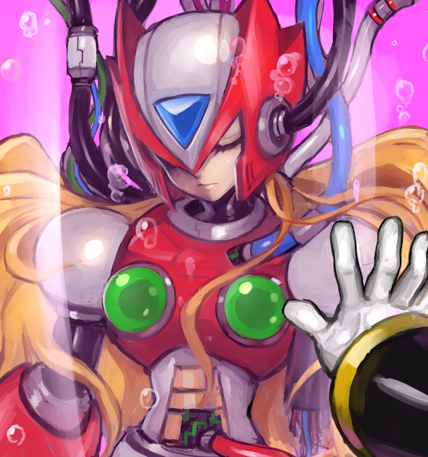 1boy androgynous android blonde_hair bubble cable capcom eyes_closed floating_hair gloves helmet hemet long_hair male_focus rockman rockman_x solo_focus upper_body white_gloves wire zero_(rockman)