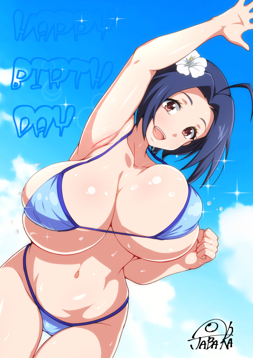 ahoge antenna_hair arm_up armpits artist_name bikini blue_bikini blue_hair blue_sky blush bouncing_breasts breasts cleavage commentary dutch_angle flower hair_flower hair_ornament happy_birthday highres huge_breasts idolmaster idolmaster_(classic) jabara_tornado legs_together looking_at_viewer miura_azusa navel outdoors red_eyes shiny shiny_hair shiny_skin short_hair skindentation sky smile solo sweat swimsuit teeth thigh_gap