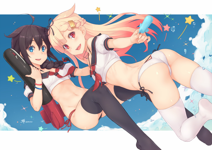 :d ahoge anchor_necklace ass bangs bare_shoulders bikini black_bikini_bottom black_legwear blonde_hair blue_eyes blush bracelet braid brown_hair cloud crop_top dan_(kumadan) food hair_flaps hair_ornament hair_ribbon hairclip inflatable_toy jewelry kantai_collection long_hair looking_at_viewer looking_back multiple_girls navel necklace no_shoes open_mouth popsicle red_eyes red_ribbon remodel_(kantai_collection) ribbon sailor_collar shigure_(kantai_collection) short_sleeves side-tie_bikini single_braid skindentation sky smile star swimsuit thighhighs torpedo upper_teeth water white_bikini_bottom white_legwear yuudachi_(kantai_collection)