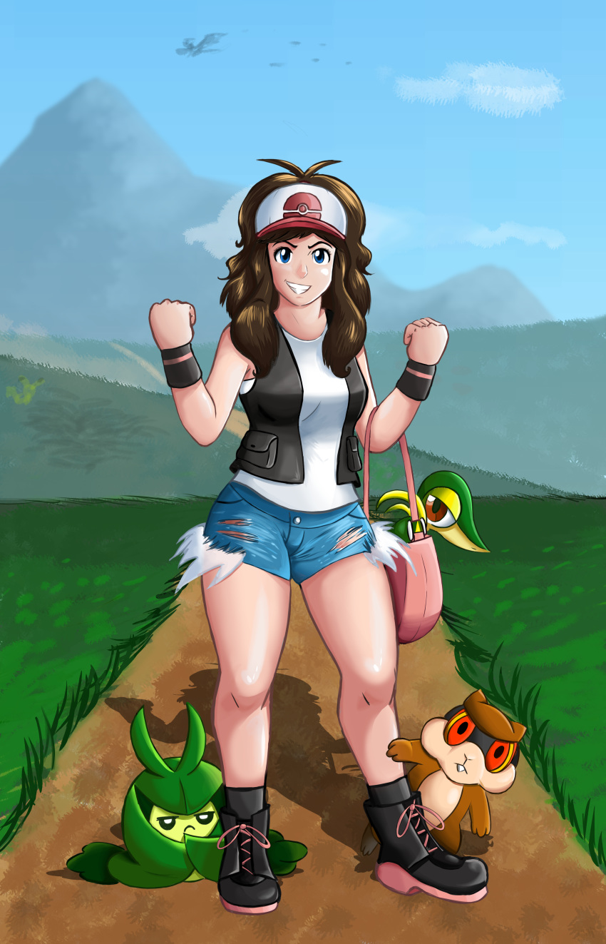 background baseball_cap blue_eyes brown_hair denim denim_shorts hat patrat pokemon pokemon_(creature) pokemon_(game) pokemon_bw shorts snivy swadloon touko_(pokemon) wristband