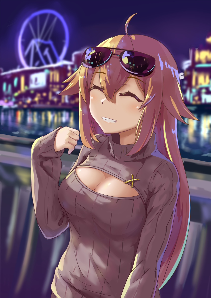 absurdres ahoge alternate_costume aviator_sunglasses bangs blonde_hair blurry blurry_background blush breasts city_lights closed_eyes eyebrows_visible_through_hair eyewear_on_head facing_viewer ferris_wheel girls_frontline green_eyes hands highres large_breasts long_hair m1918_bar_(girls_frontline) meme_attire night open-chest_sweater outdoors parted_lips ribbed_sweater rifusutaku sidelocks smile solo sunglasses sweater upper_body very_long_hair