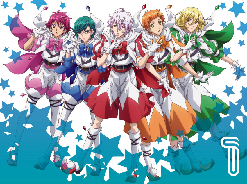 belt binan_koukou_chikyuu_bouei-bu_happy_kiss! blonde_hair brown_eyes dougo_ichiro fiore_kiss full_body green_eyes green_hair highres kirishima_ryouma looking_at_viewer luna_kiss magical_boy male_focus manza_taishi multiple_boys neve_kiss official_art orange_hair pink_hair purple_eyes purple_hair red_eyes shuzenji_kyoutarou spazio_kiss stella_kiss wakura_nanao