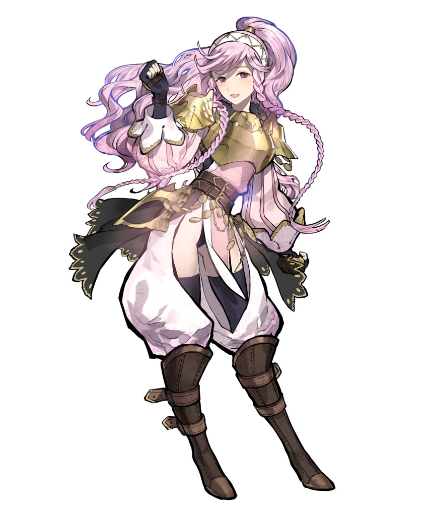 akira_(kaned_fools) armor bangs belt black_gloves black_legwear black_panties boots braid breastplate brown_footwear clenched_teeth detached_sleeves eyebrows_visible_through_hair fingerless_gloves fire_emblem fire_emblem:_kakusei fire_emblem_heroes full_body gloves hairband high_ponytail highres knee_boots long_hair long_sleeves looking_at_viewer official_art olivia_(fire_emblem) open_mouth panties pelvic_curtain pink_hair ponytail purple_eyes shiny shiny_hair shoulder_armor smile solo striped teeth transparent_background twin_braids underwear