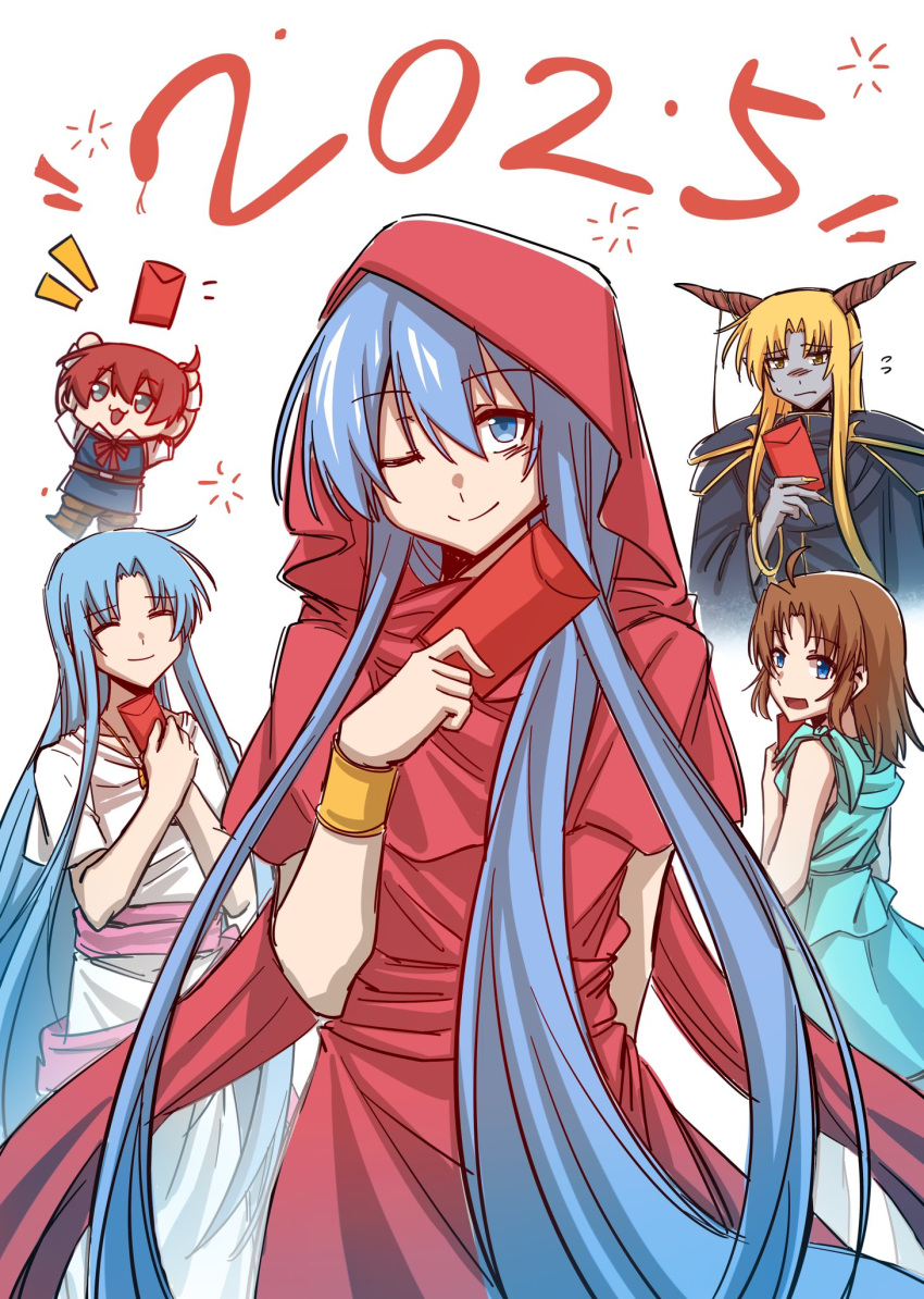 2025 2boys 3girls adol_christin ahoge ancient_ys_vanished arkibk blonde_hair blue_eyes blue_hair brown_hair chibi chibi_inset cloak closed_eyes closed_mouth colored_skin commentary_request curtained_hair dark_fact dress feena_(ys) flying_sweatdrops grey_skin highres hood hooded_cloak horns lilia_(ys) long_hair multiple_boys multiple_girls new_year one_eye_closed reah_(ys) red_cloak red_dress simple_background smile standing white_background ys