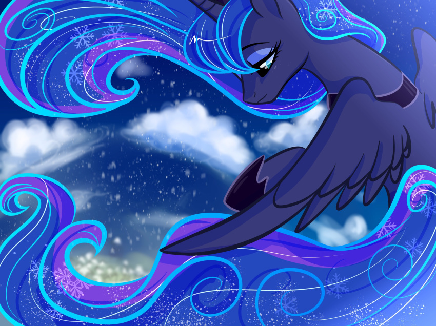 2018 blue_feathers cloud cosmic_hair equine eyebrows eyelashes eyeshadow feathered_wings feathers female feral flying friendship_is_magic hair half-closed_eyes hi_res hooves horn long_hair makeup mammal mascara my_little_pony nude oofycolorful portrait princess_luna_(mlp) sky snow snowflake solo spread_wings teal_eyes winged_unicorn wings winter