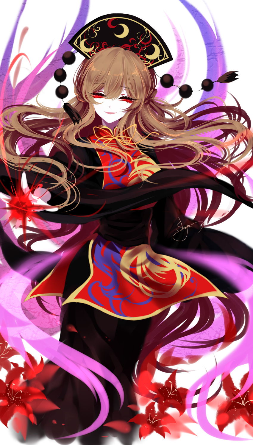 absurdres artist_name aura black_dress black_sash braid breasts brown_hair dress eyebrows_visible_through_hair floating_hair flower french_braid hair_between_eyes headdress highres junko_(touhou) large_breasts long_dress long_hair long_sleeves looking_at_viewer neck_ribbon open_mouth petals red_eyes red_flower ribbon sash sheya signature simple_background sleeves_past_fingers sleeves_past_wrists smile solo tassel touhou white_background wide_sleeves yellow_neckwear yellow_ribbon