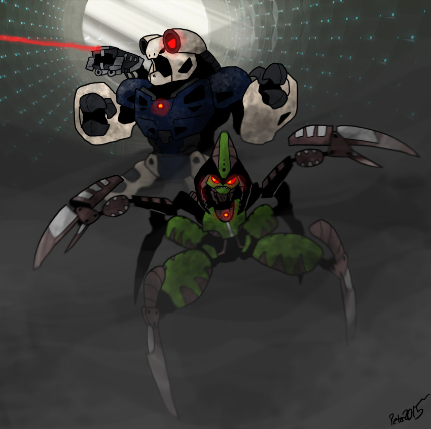 2015 absurd_res ambiguous_gender angry arachnid armor arthropod billspooks bionicle claws digital_drawing_(artwork) digital_media_(artwork) duo frown green_body hi_res humanoid krekka laser lego machine multi_limb multicolored_body nidhiki not_furry open_mouth pointed_feet ranged_weapon red_eyes robot simple_background spider standing teeth weapon