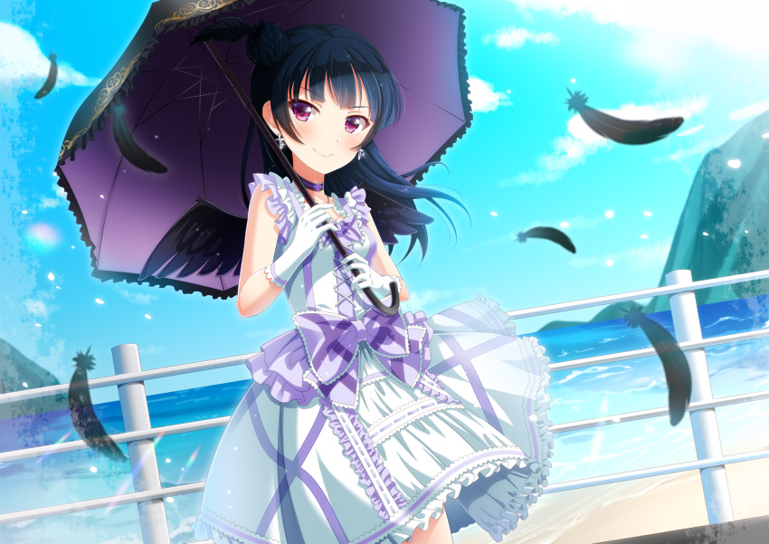 &gt;:) bangs black_feathers black_hair black_wings bow choker day dress earrings feathered_wings feathers frilled_umbrella frills gloves highres holding holding_umbrella jewelry lolita_fashion long_hair looking_at_viewer love_live! love_live!_sunshine!! motoasako ocean outdoors purple_bow purple_choker railing side_bun smile solo tsushima_yoshiko umbrella white_gloves wings