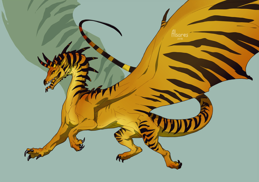 2018 alsareslynx amber_eyes ambiguous_gender claws digital_media_(artwork) dragon draqgon feral horn membranous_wings open_mouth simple_background solo spines teeth tongue wings