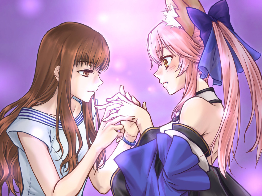 animal_ear_fluff animal_ears bangs bare_shoulders blue_bow blush bow brown_eyes brown_hair collarbone commentary_request detached_sleeves fang fate/extella fate/extra fate_(series) fox_ears from_side hair_bow highres holding_hands jewelry kishinami_hakuno_(female) long_hair motonaka_kei multiple_girls pink_hair profile putting_on_jewelry ring smile tamamo_(fate)_(all) tamamo_no_mae_(fate) upper_body yellow_eyes yuri